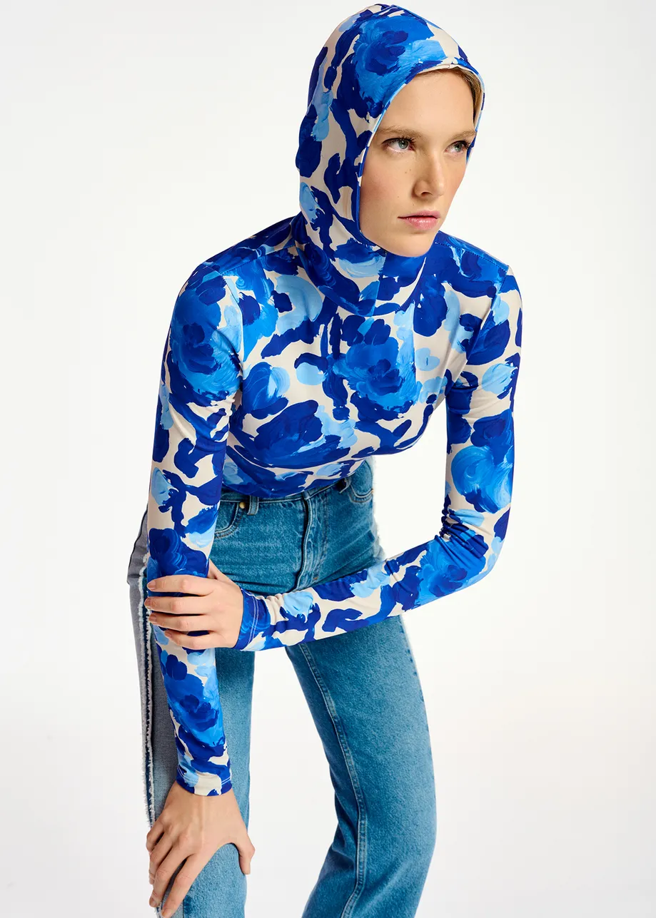 White and blue floral print hooded top