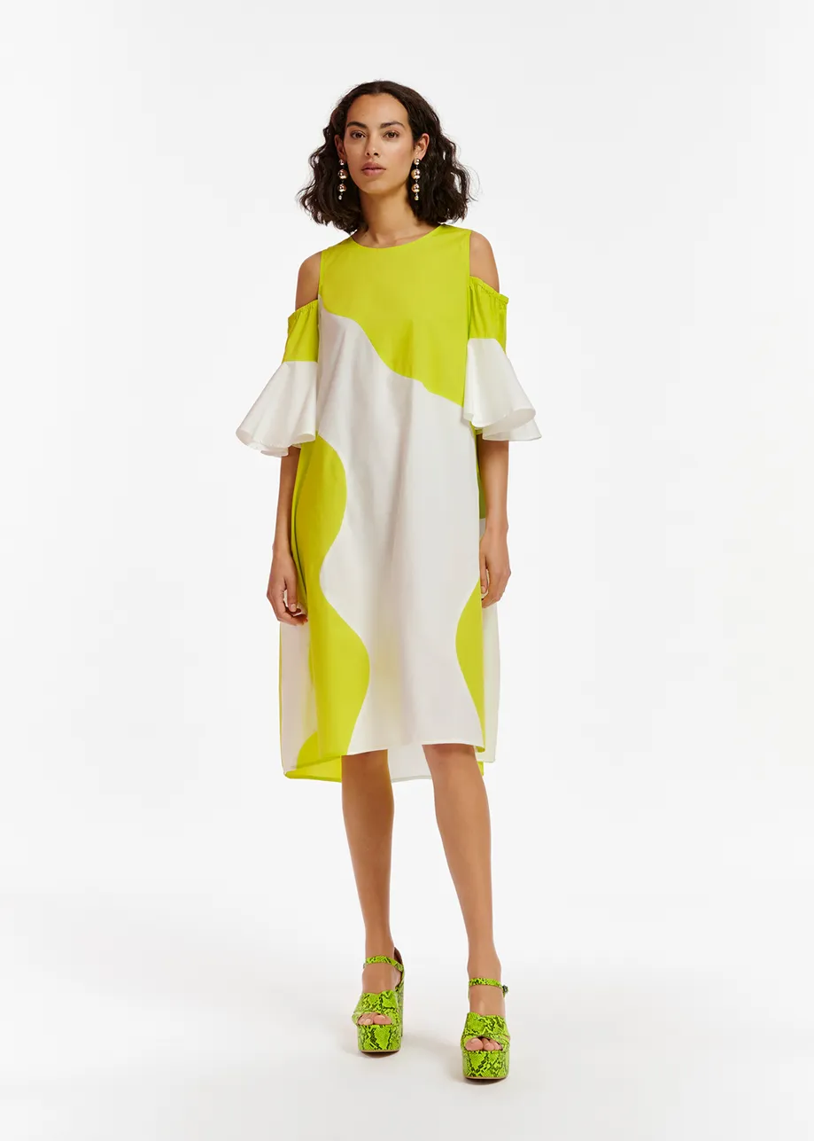 Lime green and white cotton knee-length dress