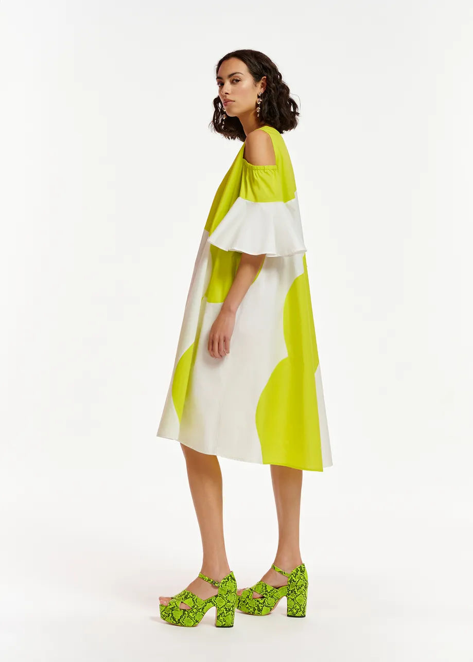 Lime green and white cotton knee-length dress