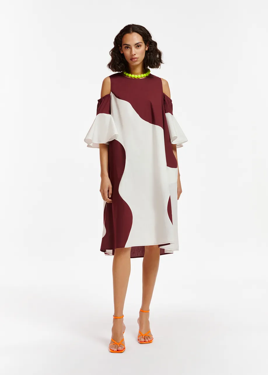 Burgundy and white cotton knee-length dress