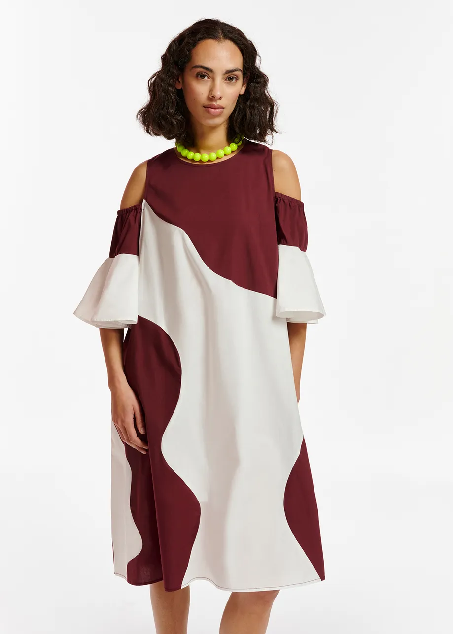 Burgundy and white cotton knee-length dress