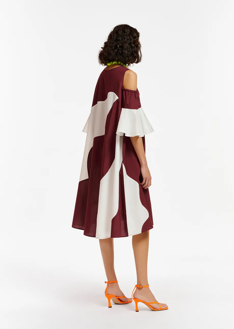 Burgundy and white cotton knee-length dress