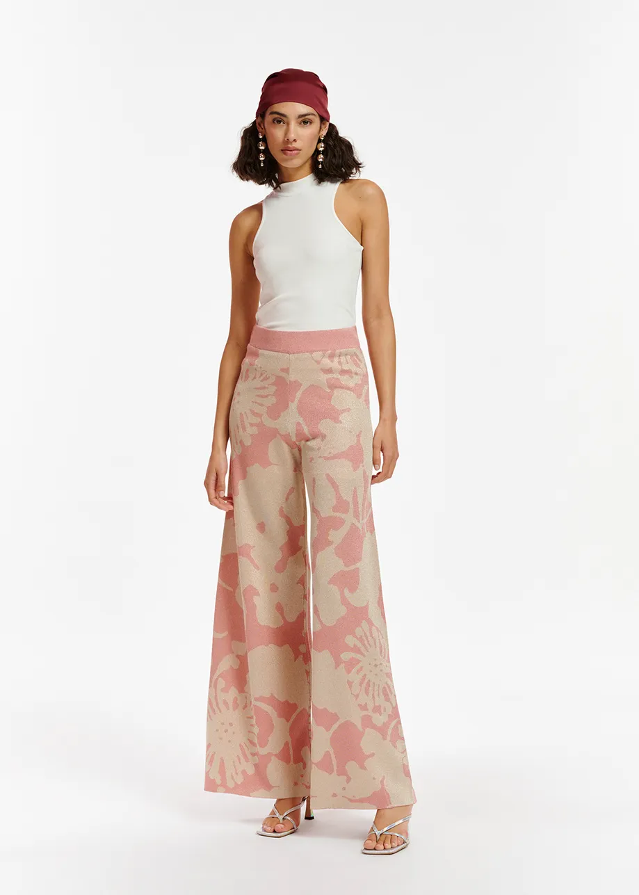 Beige en vintage roze jacquard broek met lurex