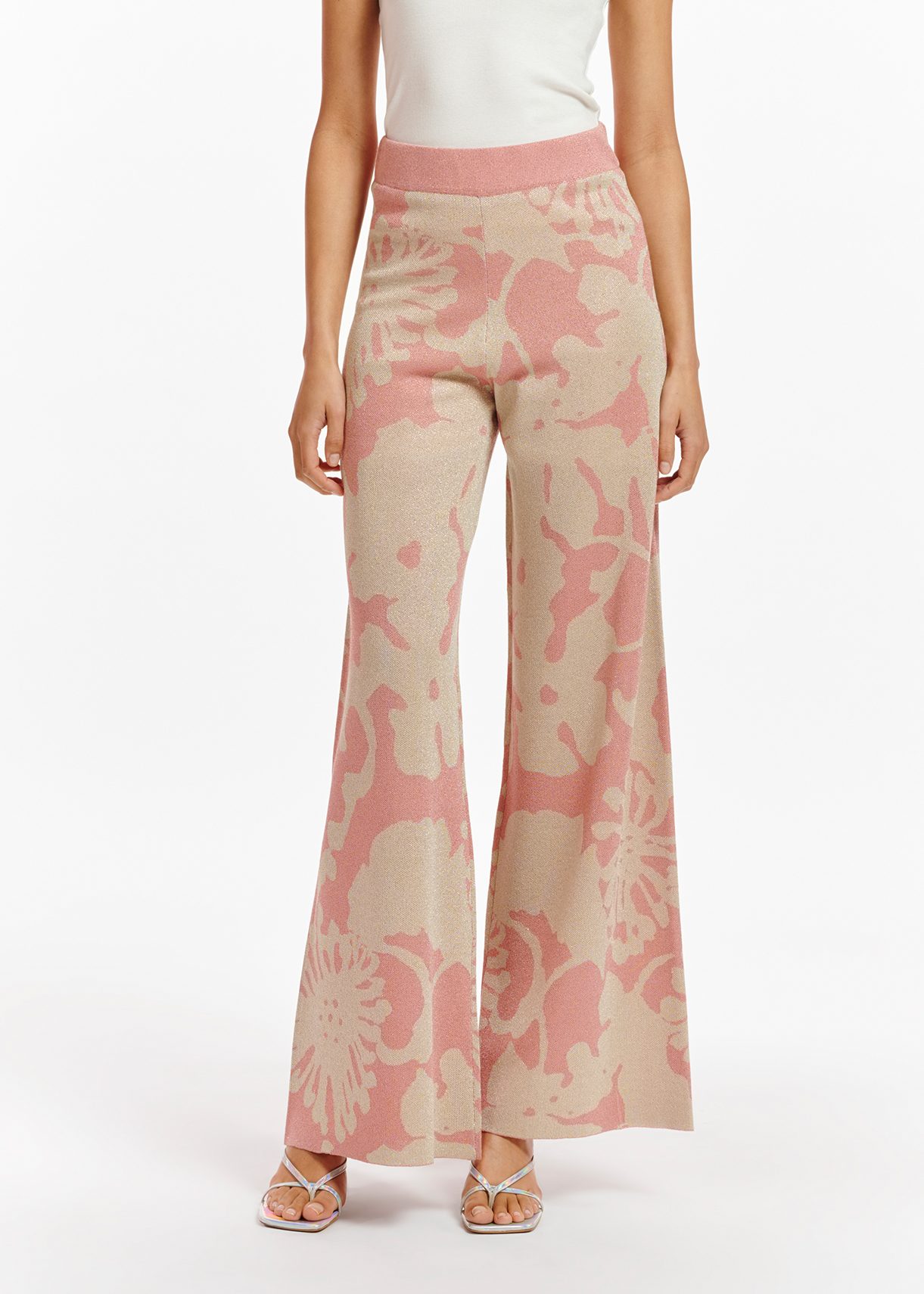 Beige and vintage pink jacquard-knit lurex pants | Essentiel