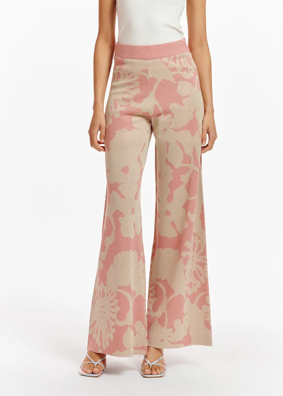 Beige en vintage roze jacquard broek met lurex