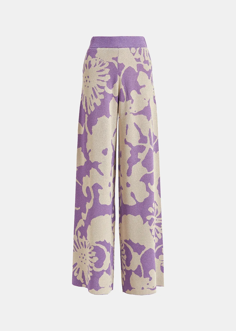 Beige and purple jacquard-knit lurex pants