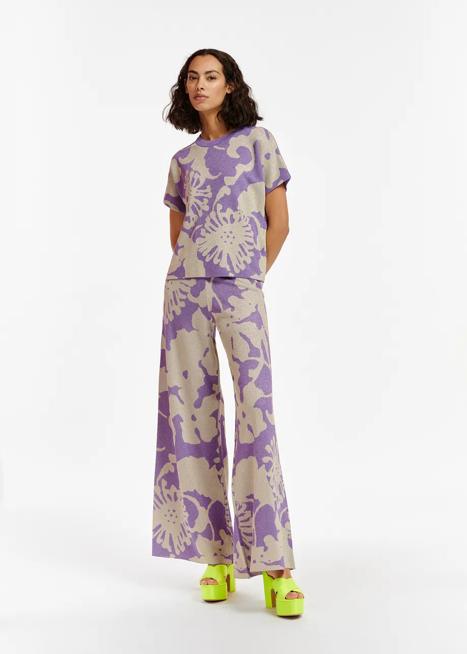 Beige and purple jacquard-knit lurex pants