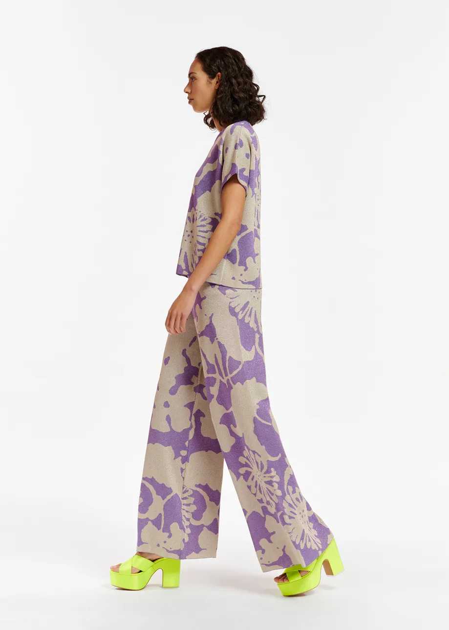 Beige and purple jacquard-knit lurex pants