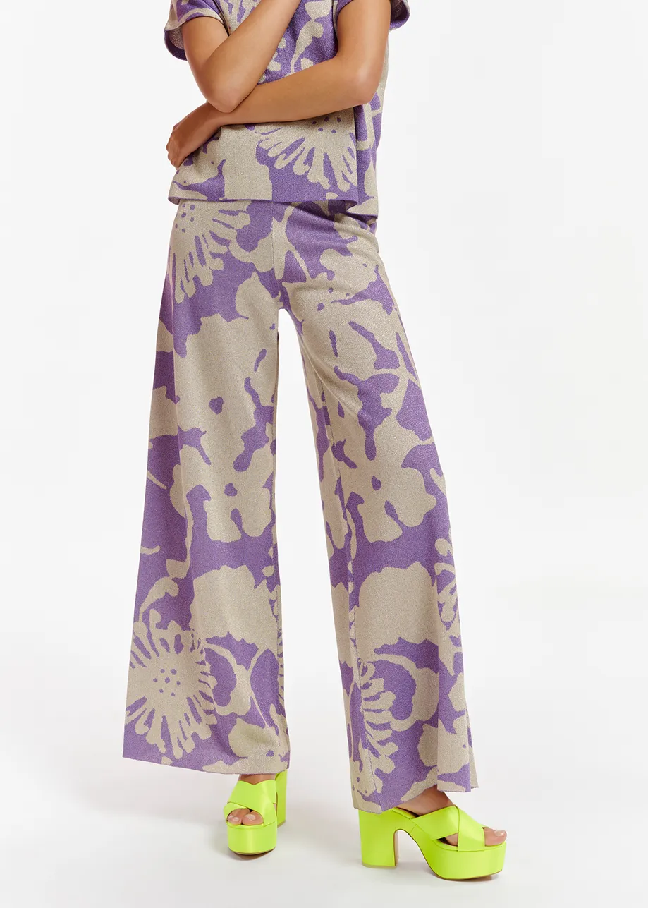 Beige and purple jacquard-knit lurex pants