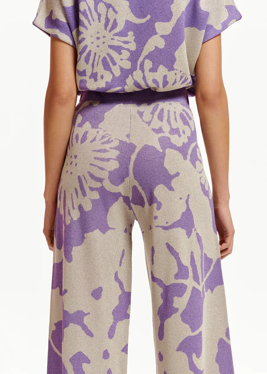 Beige and purple jacquard-knit lurex pants