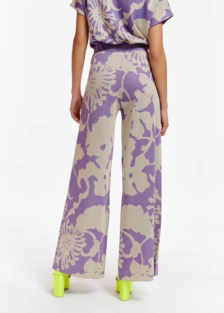 Beige and purple jacquard-knit lurex pants