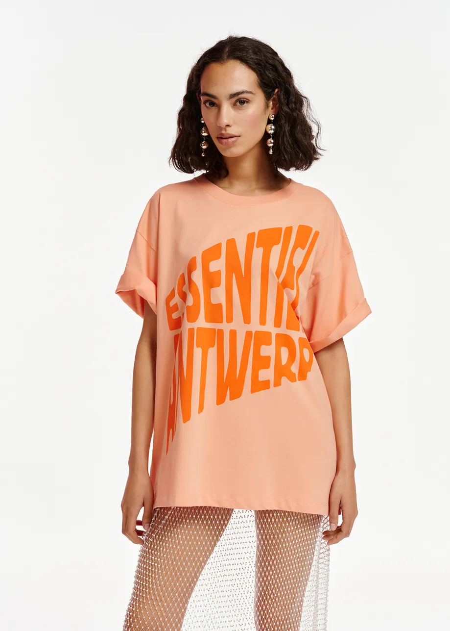 Peach organic cotton T-shirt with text print