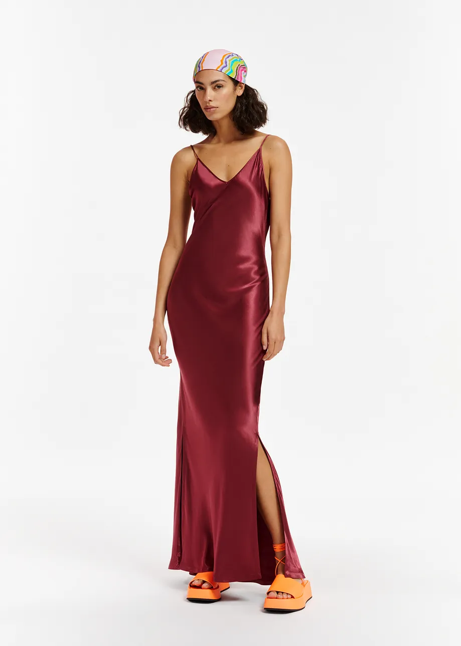 Burgundy maxi-length slip dress