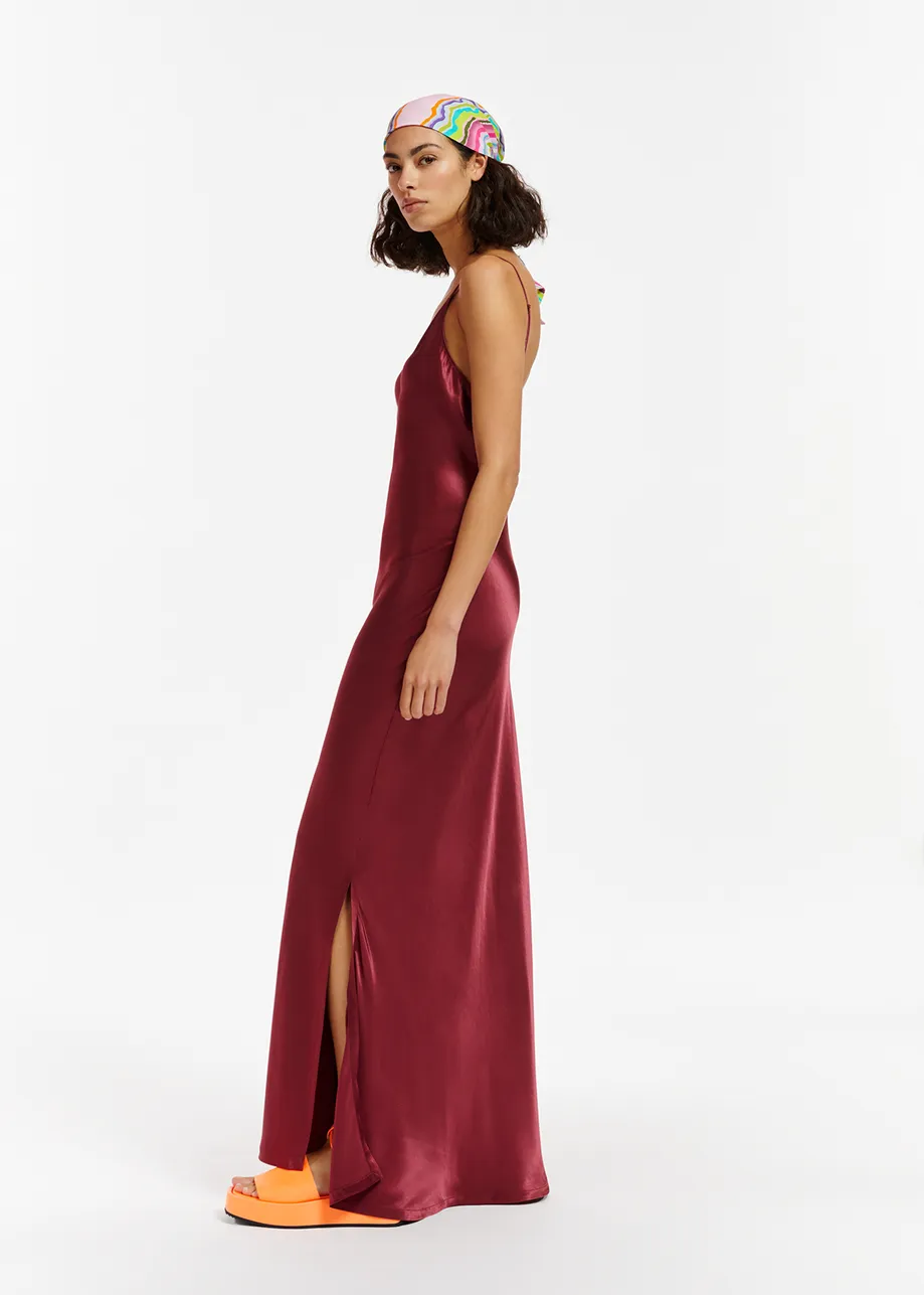 Burgundy maxi-length slip dress