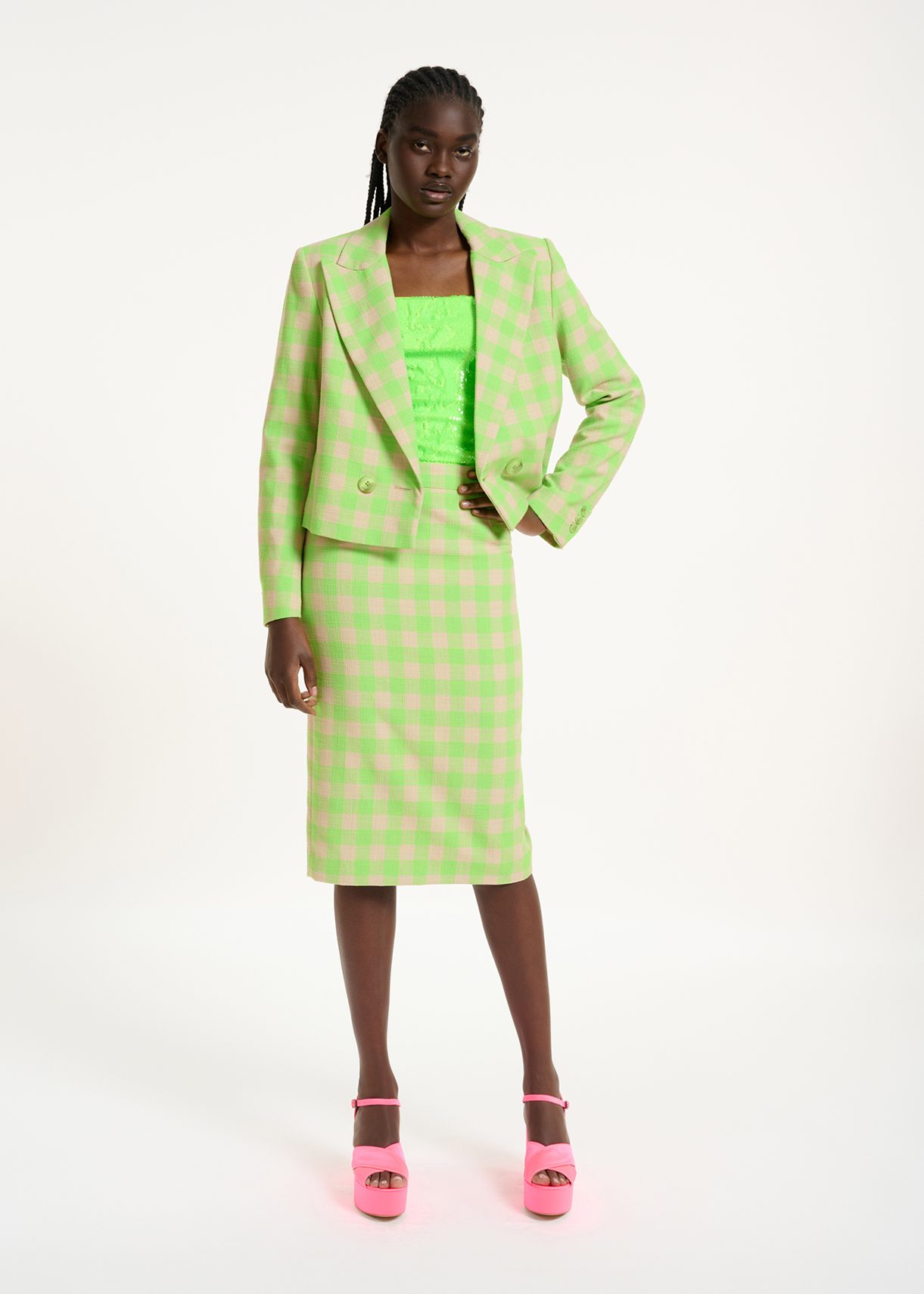 Neon green checkered cropped blazer | Essentiel Antwerp United States