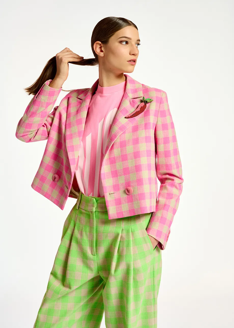 Pink checkered cropped blazer