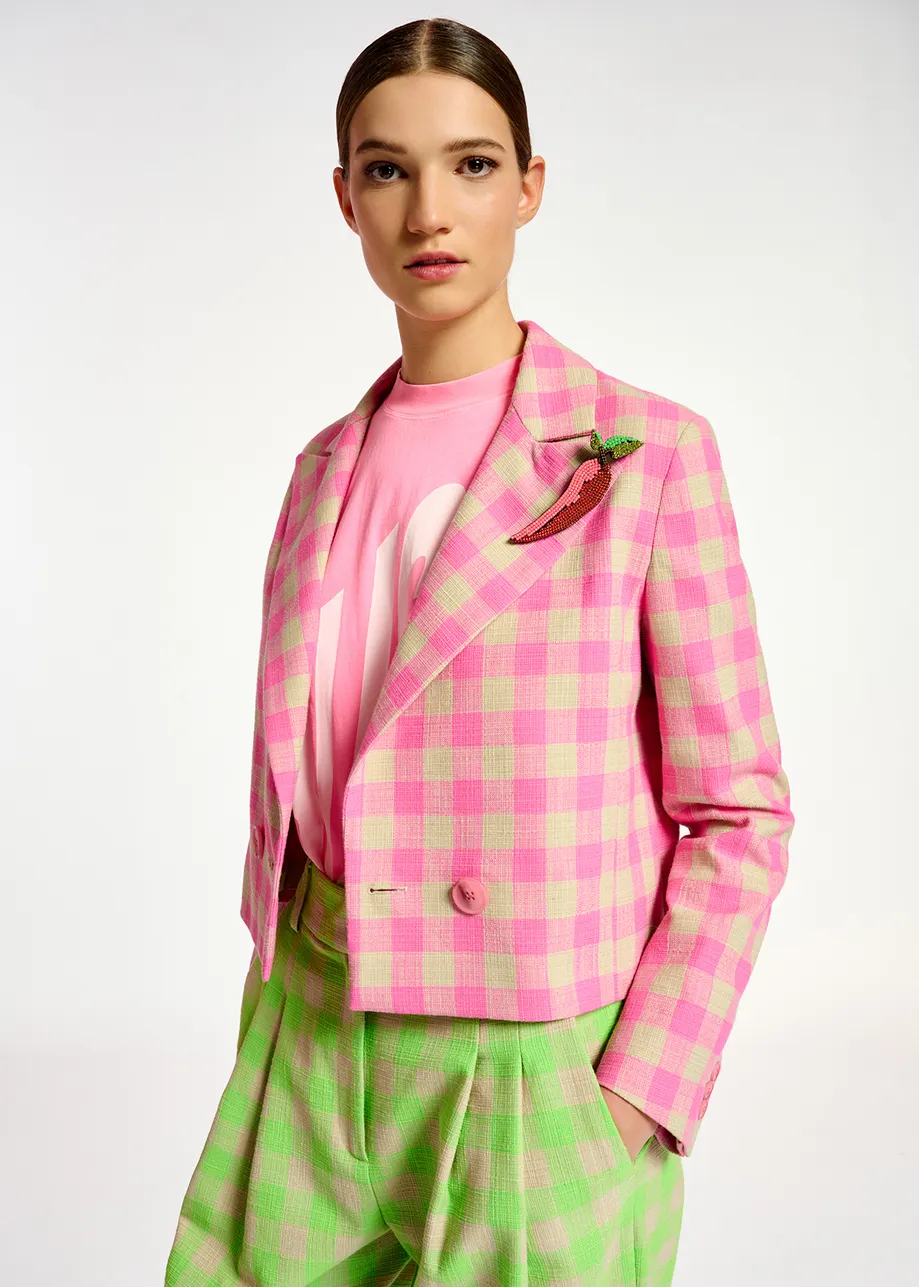 Pink checkered cropped blazer