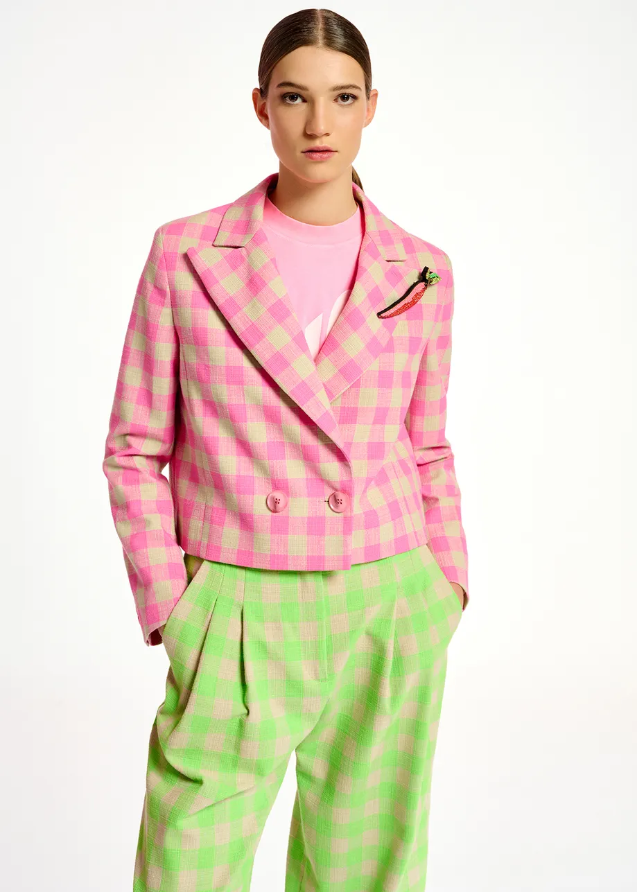 Pink checkered cropped blazer