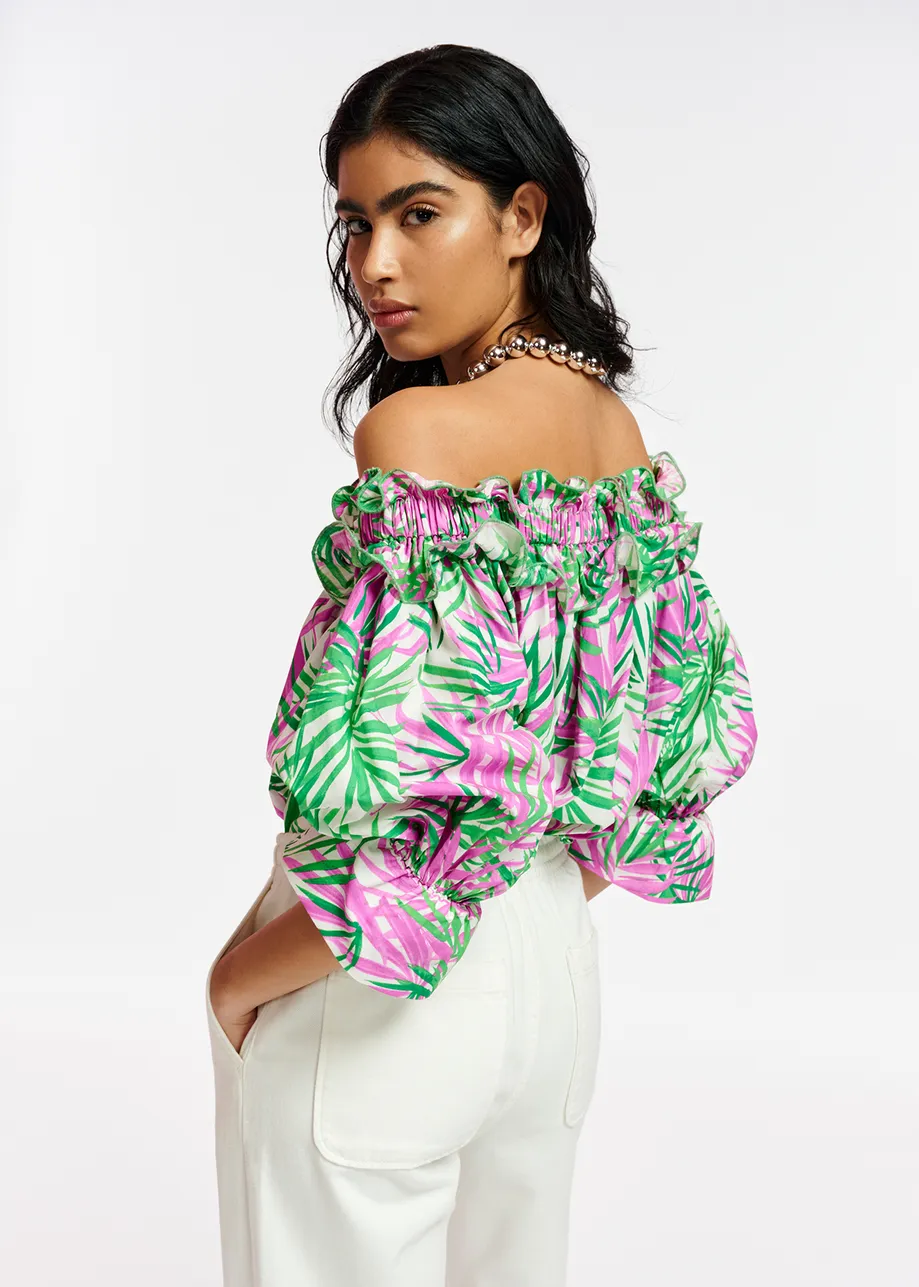 White, purple and green palm leaf print off-the-shoulder top