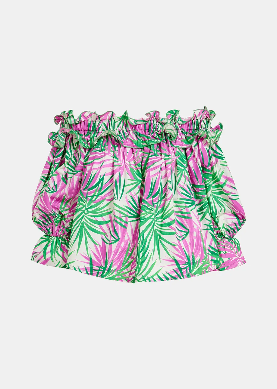 White, purple and green palm leaf print off-the-shoulder top