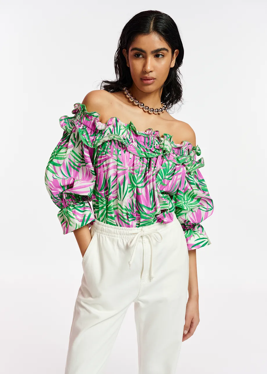 White, purple and green palm leaf print off-the-shoulder top