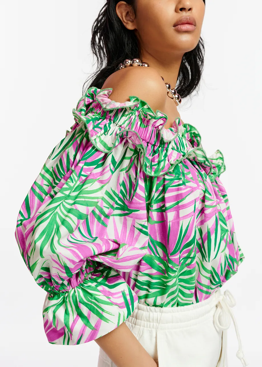 White, purple and green palm leaf print off-the-shoulder top