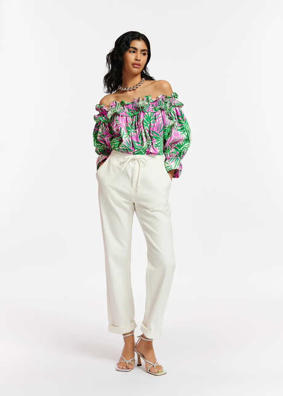 White, purple and green palm leaf print off-the-shoulder top