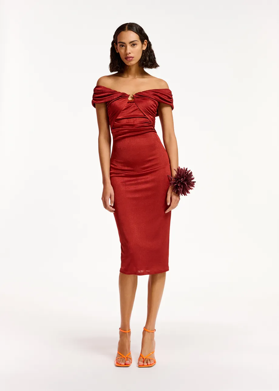 Burgundy stretch-jersey midi-length dress
