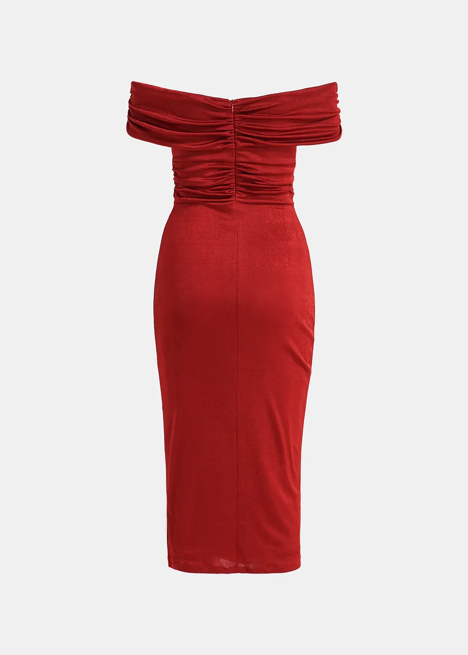 Burgundy stretch-jersey midi-length dress