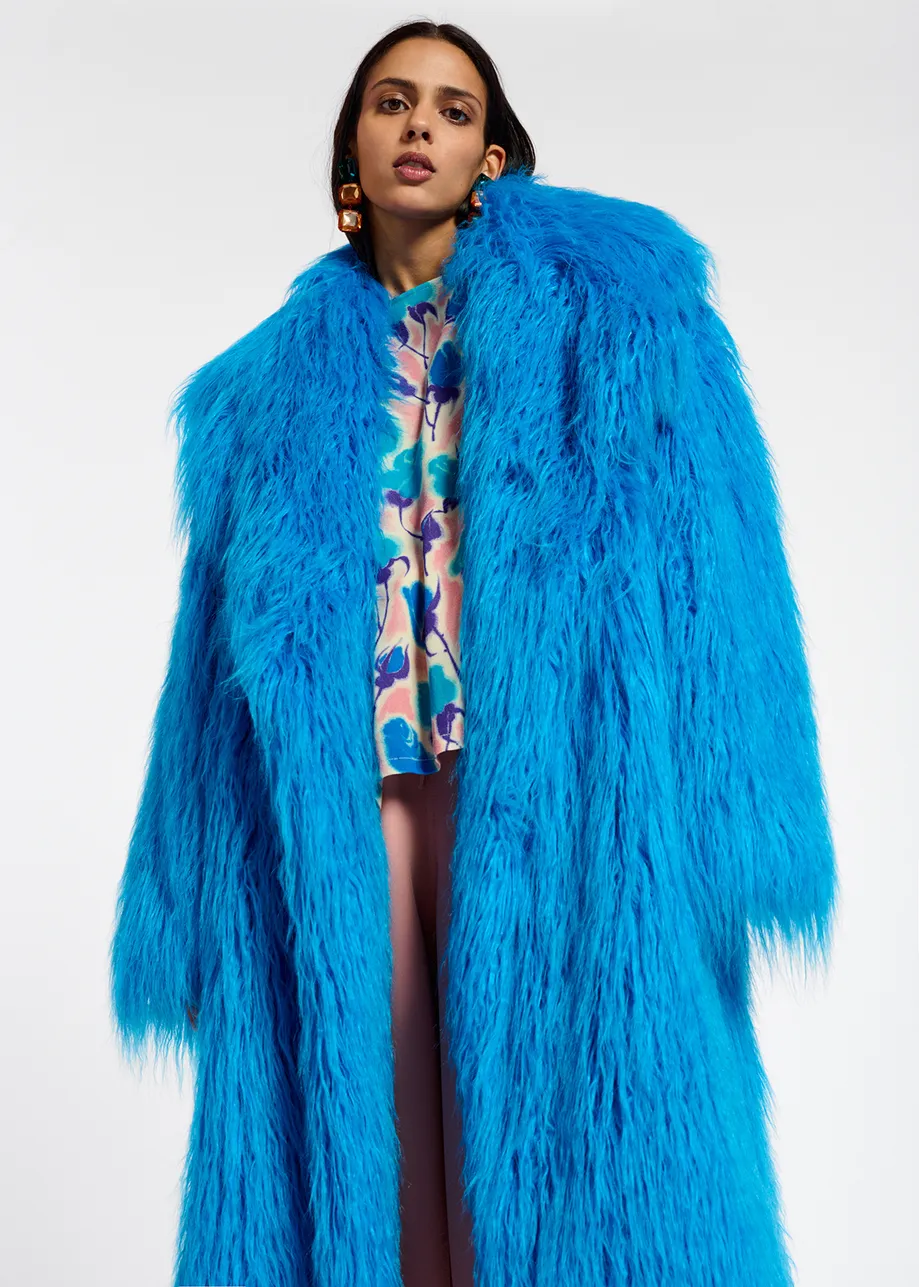 Blue oversized faux fur coat