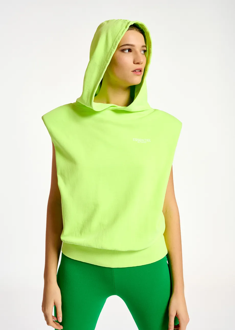 Neon yellow organic cotton-jersey sleeveless hoodie