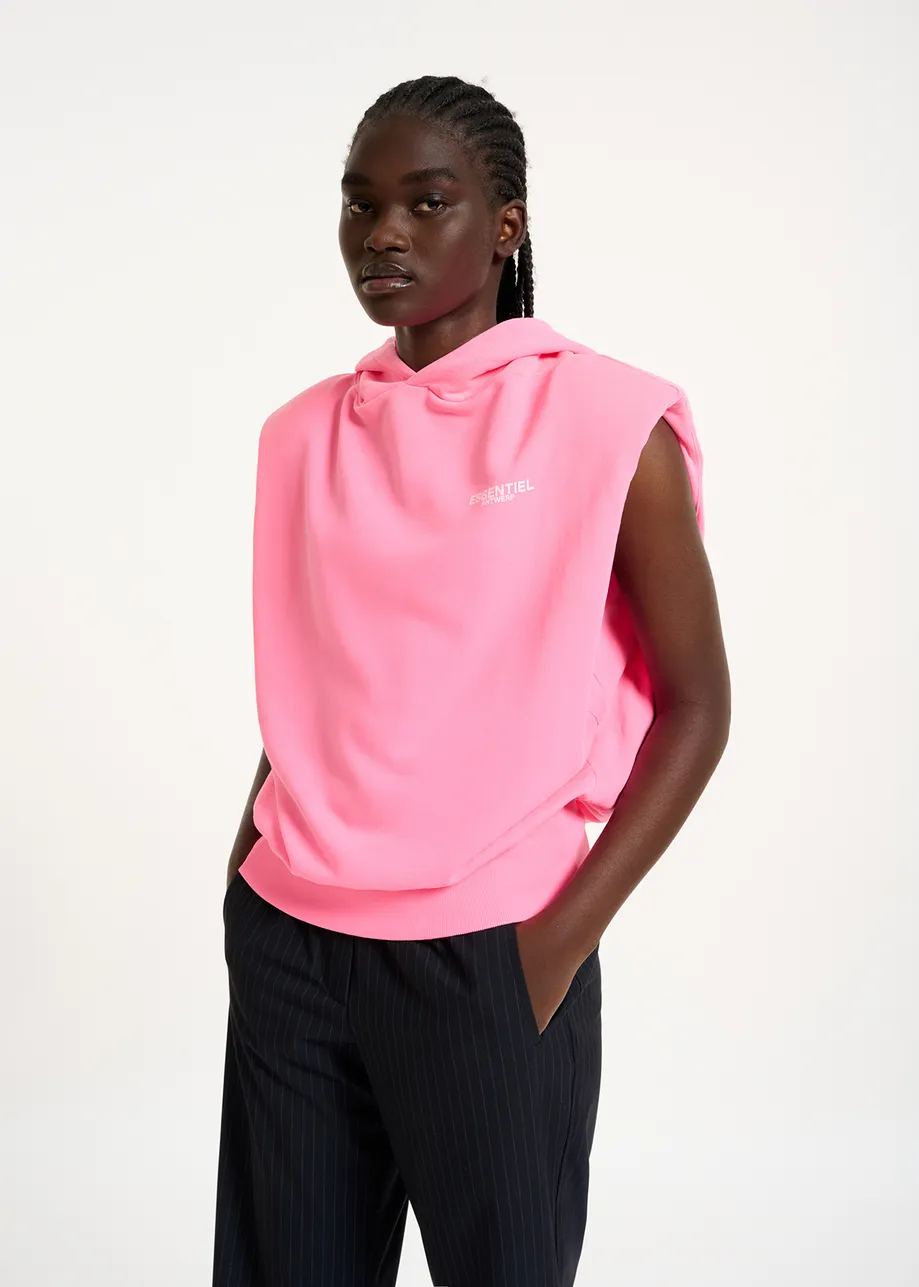 Neon pink organic cotton-jersey sleeveless hoodie