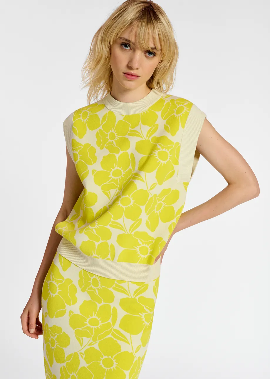 Mouwloze top in wit en geel bloemenjacquard