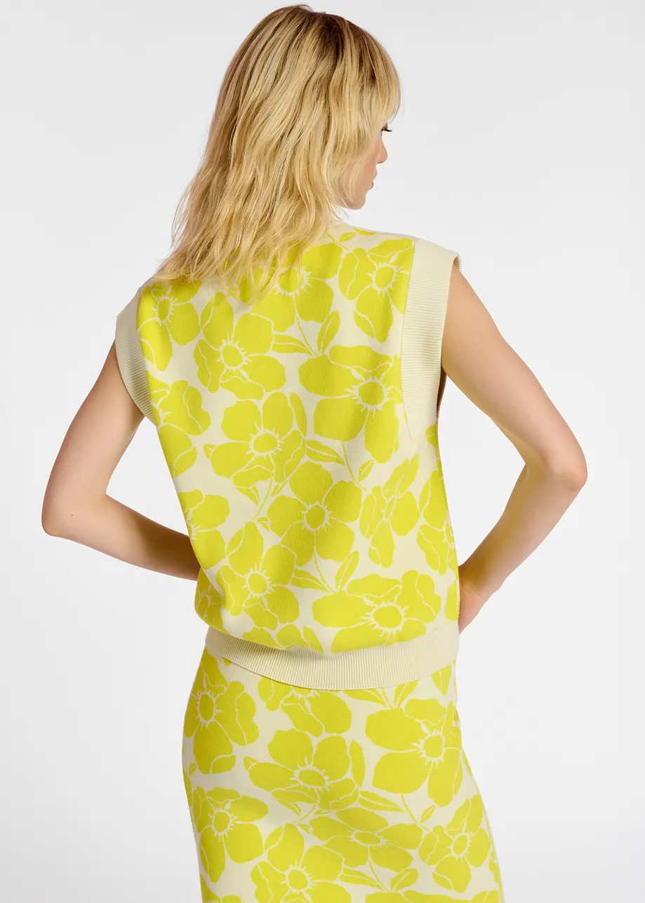 Mouwloze top in wit en geel bloemenjacquard