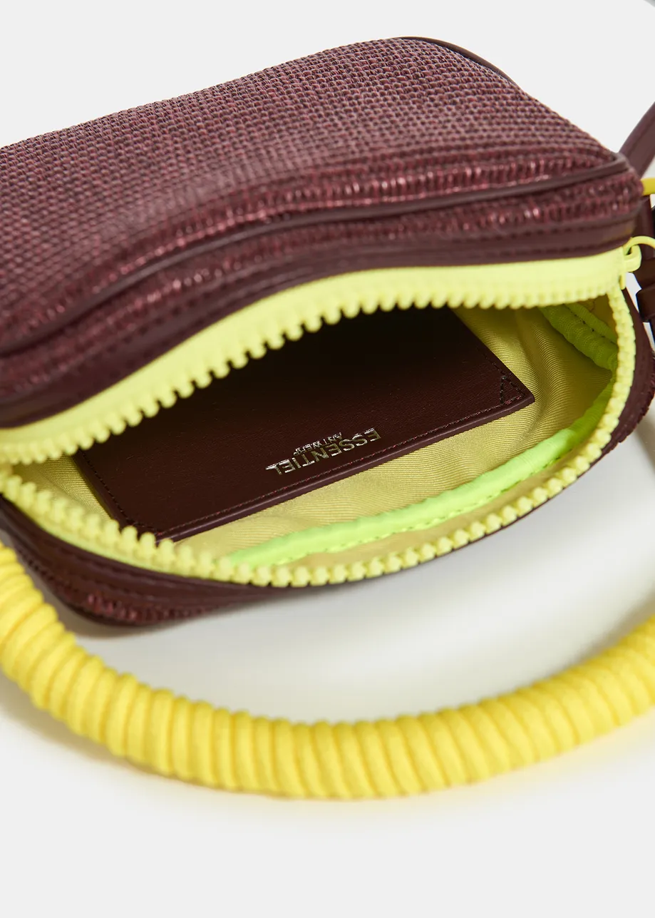 Sac à bandoulière en raphia bordeaux et jaune