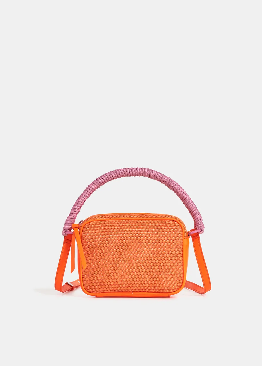 Fluo-oranje en roze schoudertas met raffia