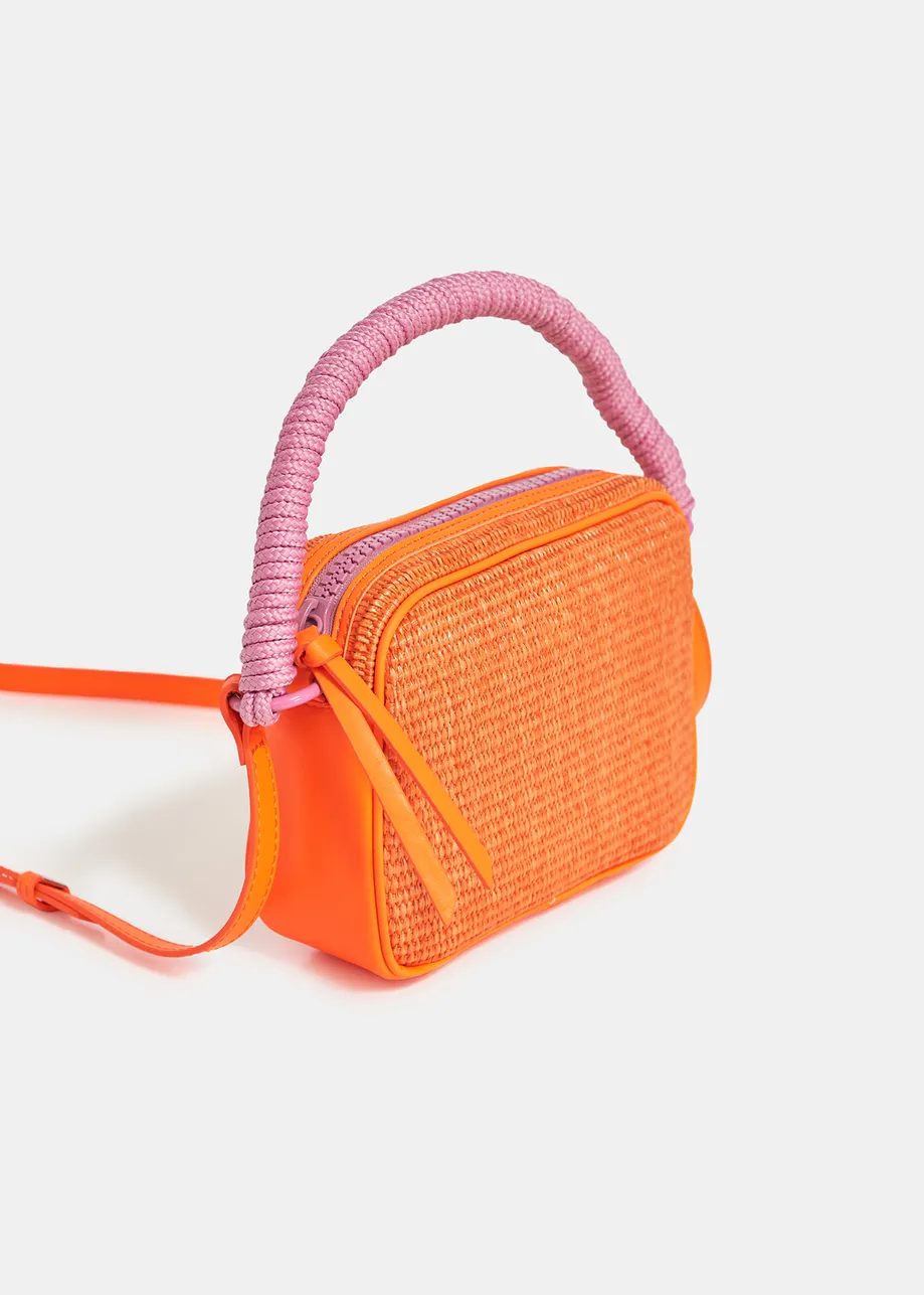 Fluo-oranje en roze schoudertas met raffia