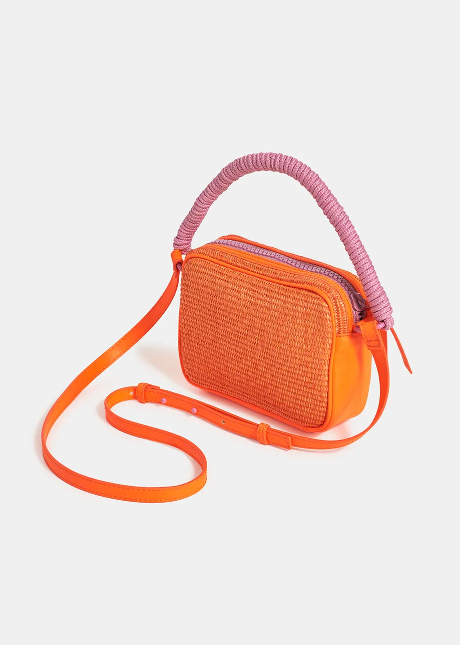 Fluo-oranje en roze schoudertas met raffia