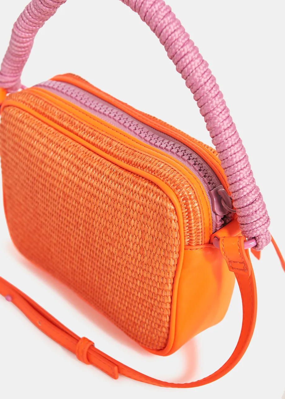 Fluo-oranje en roze schoudertas met raffia