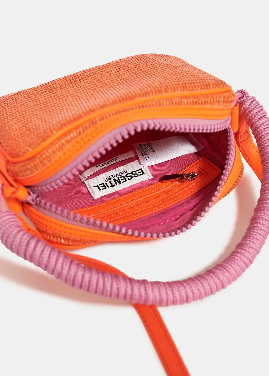 Fluo-oranje en roze schoudertas met raffia