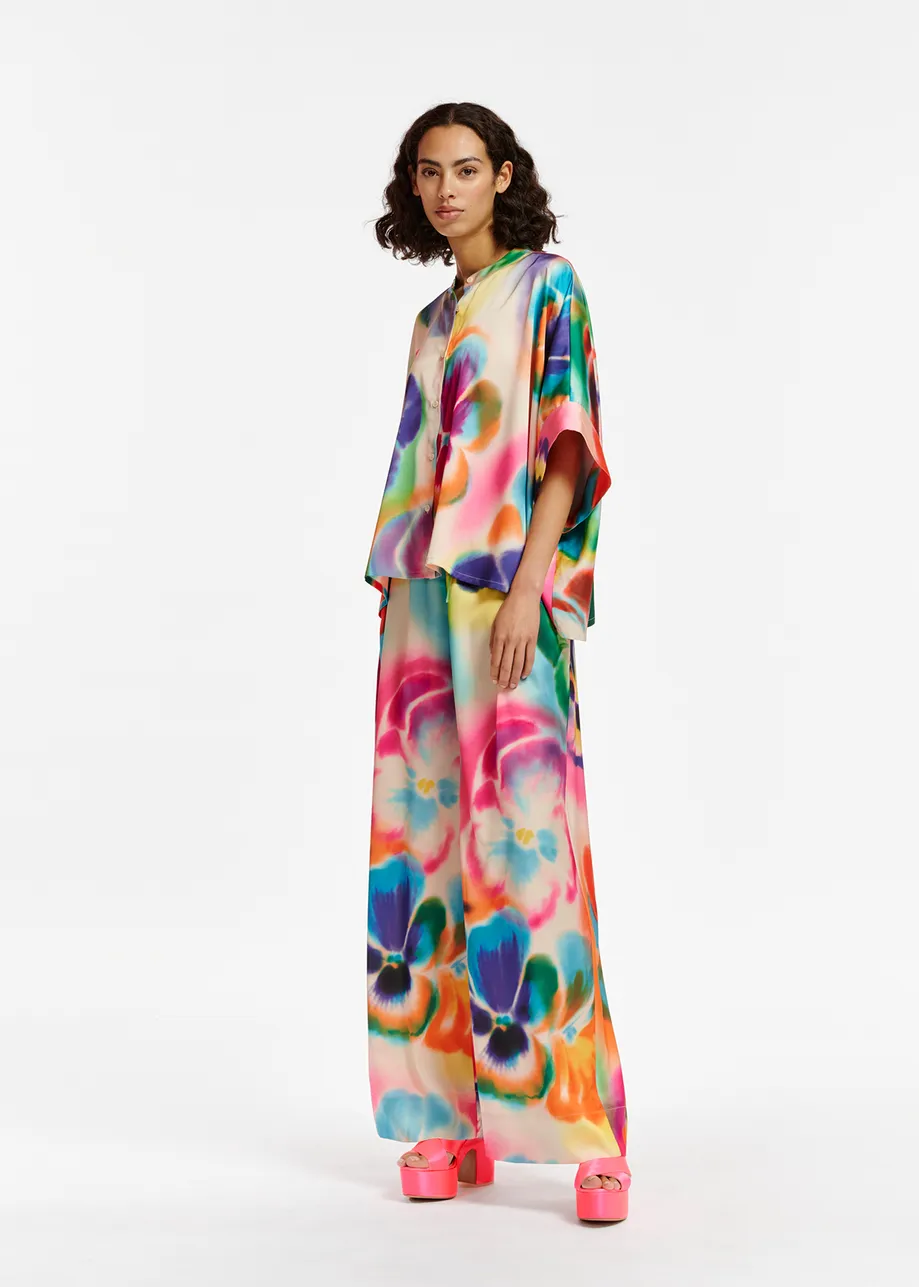 Multicolor floral print wide-leg pants