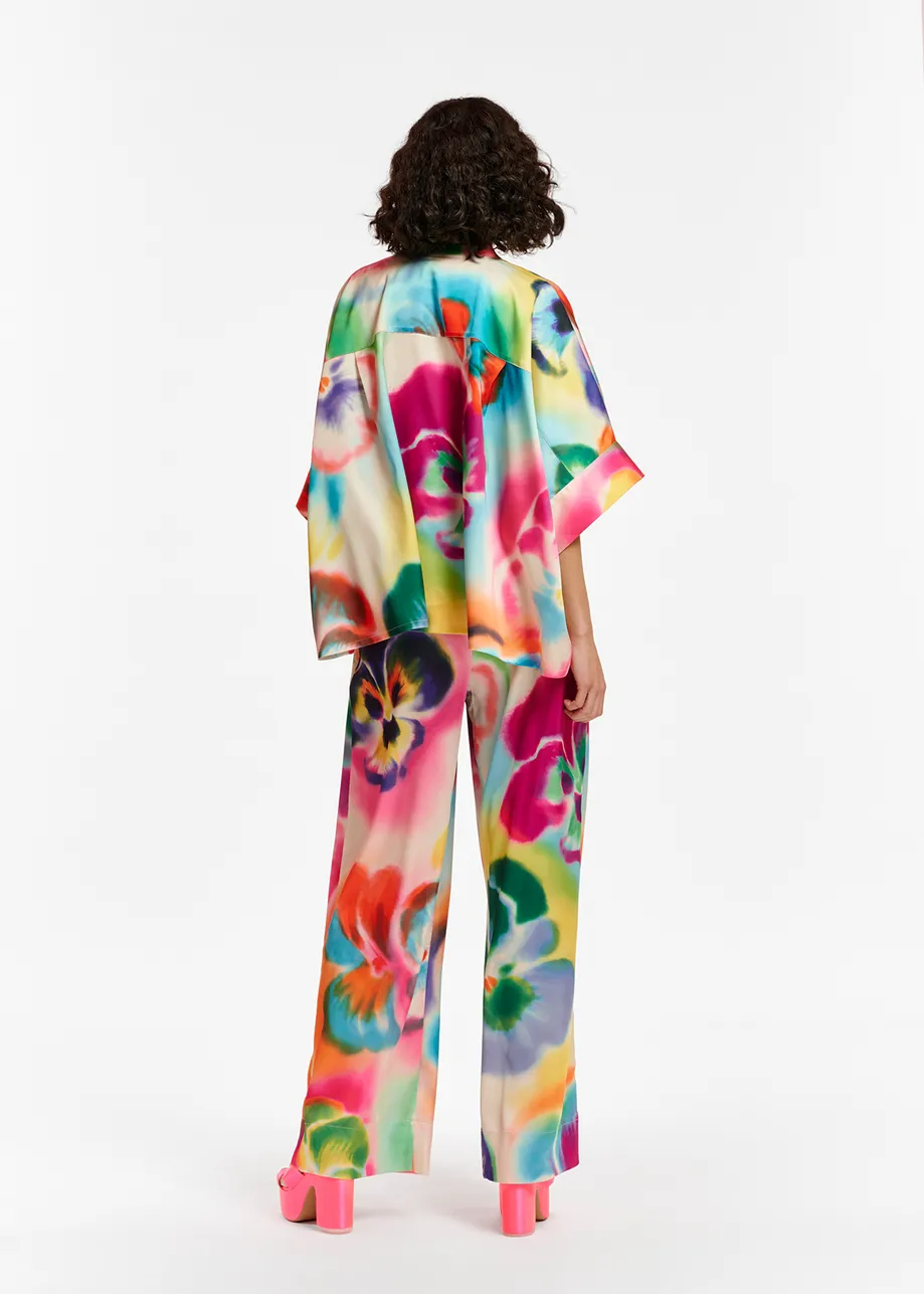 Multicolor floral print wide-leg pants