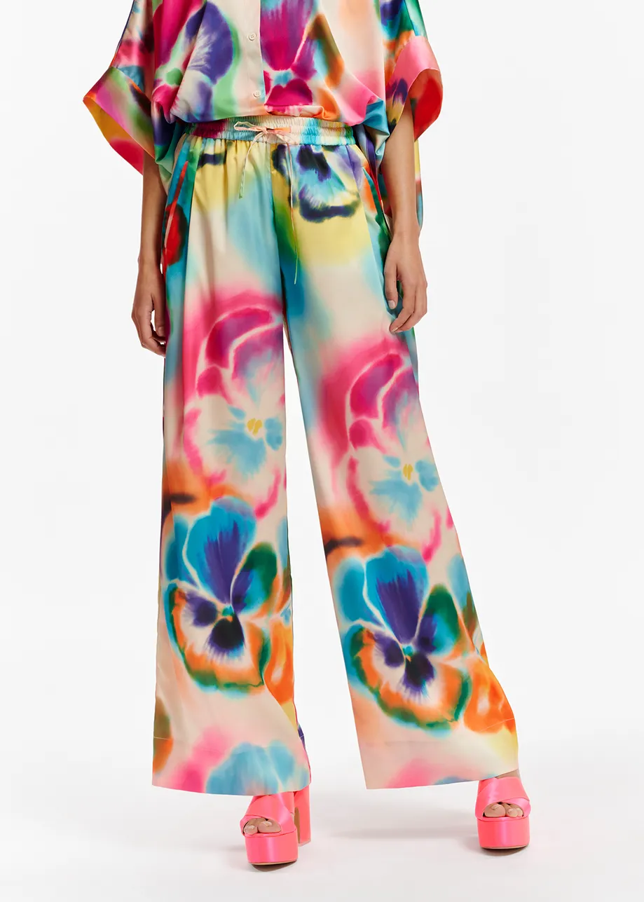Multicolor floral print wide-leg pants