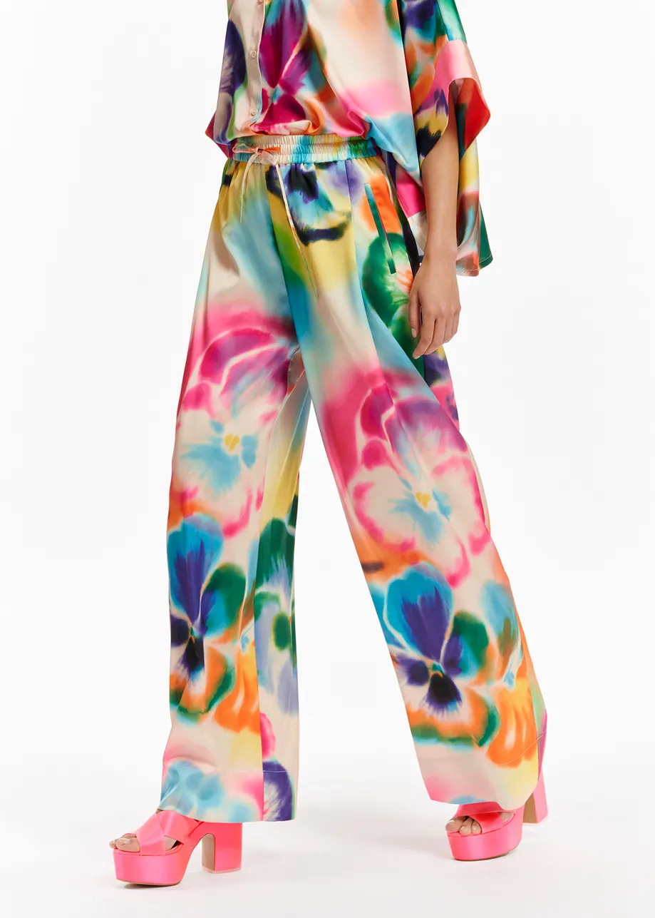 Multicolor floral print wide-leg pants