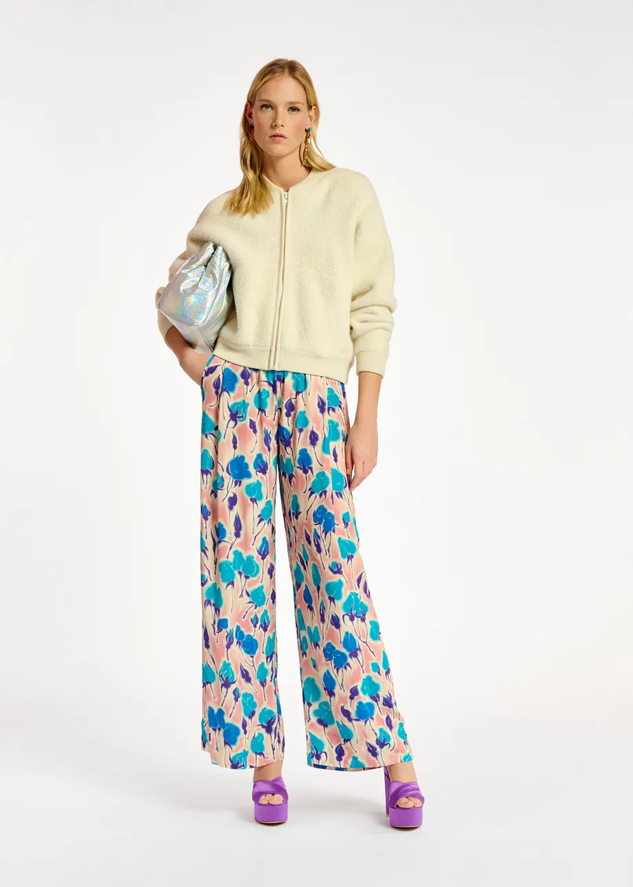Light pink, blue and purple floral print wide-leg pants