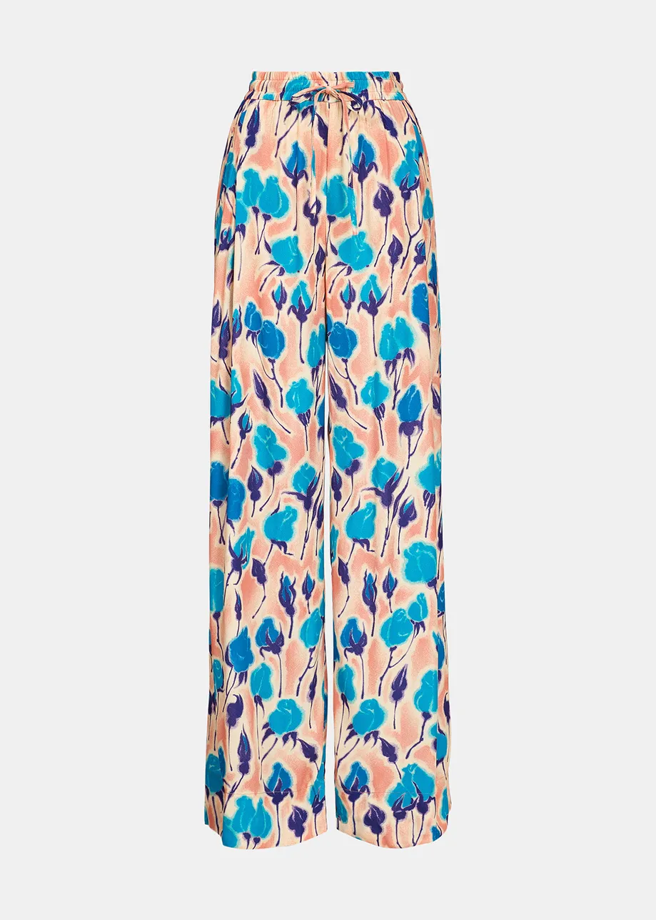 Light pink, blue and purple floral print wide-leg pants