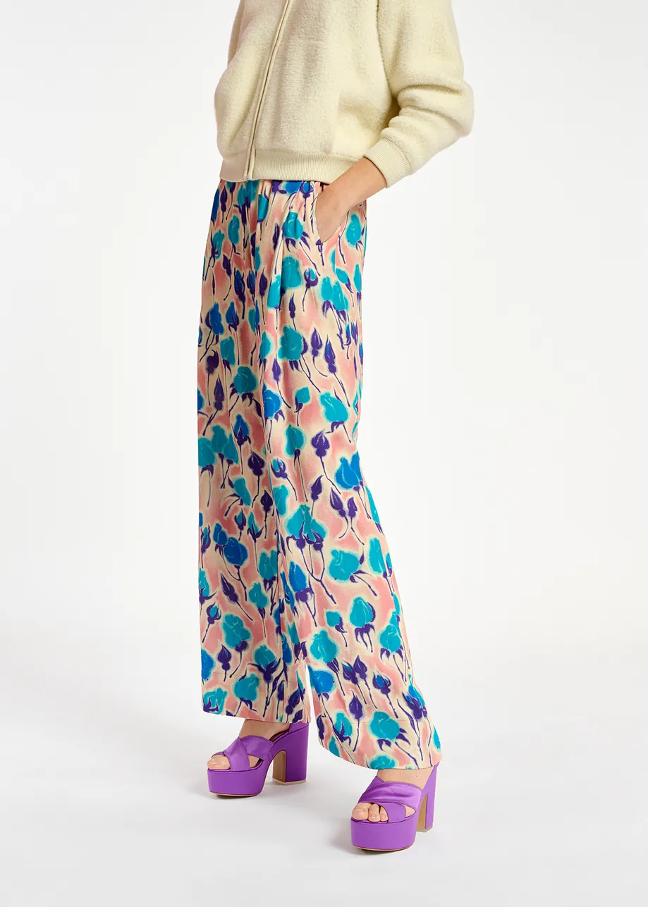 Light pink, blue and purple floral print wide-leg pants