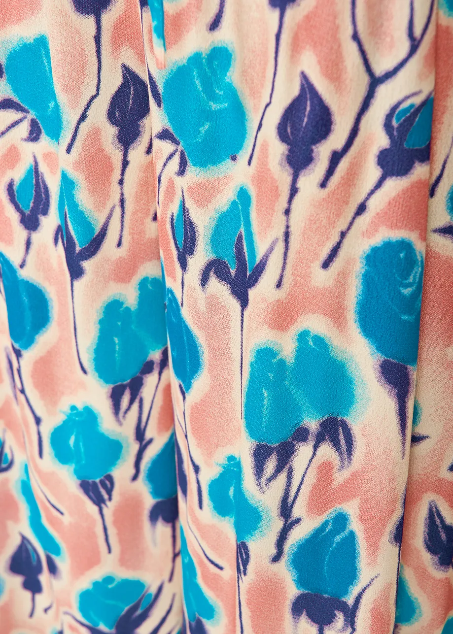 Light pink, blue and purple floral print wide-leg pants