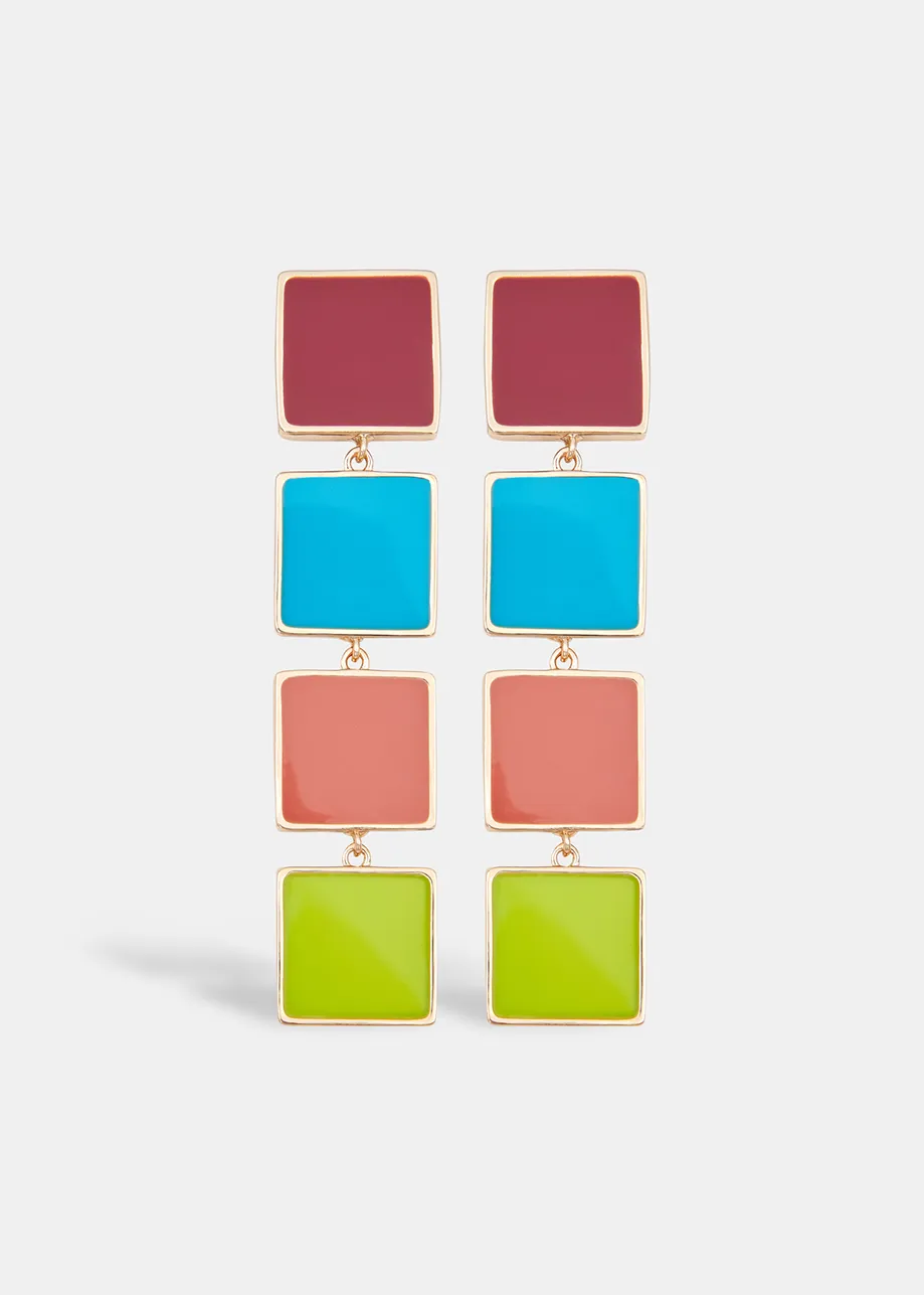 Burgundy, blue and vintage pink enamel square earrings