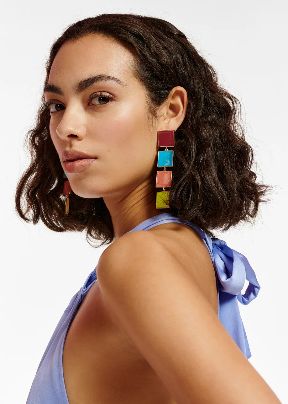 Burgundy, blue and vintage pink enamel square earrings